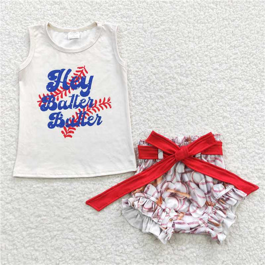 GBO0123  Baby Girls Sleeveless Tops Baseball Bummie Sets