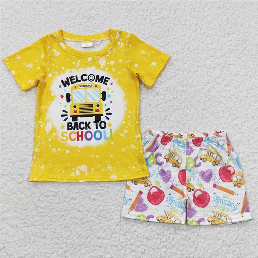 12.30 RTS NO MOQ （In stock）BSSO0252 Baby Boys Back To School Bus Shorts Sets