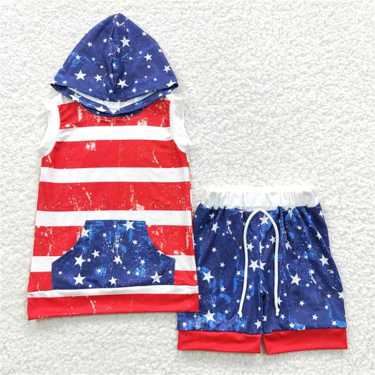 BSSO0244 Baby Boys 4th Of July Star Hoodie Blue Shorts Sets