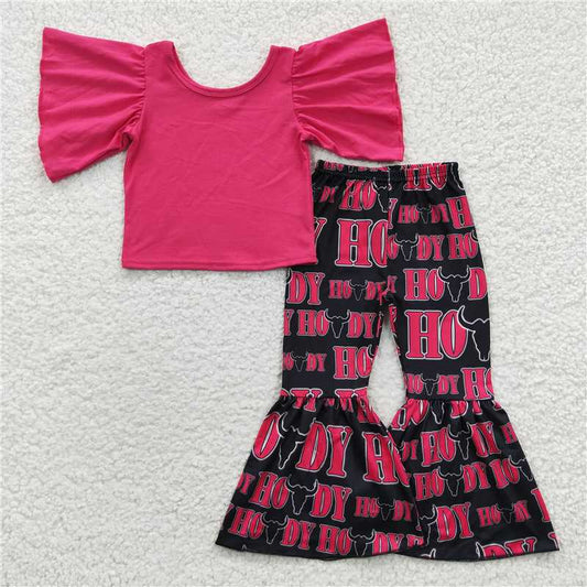GSPO0610 Girls HOWDY bull head rose red lace sleeve trousers suit