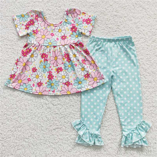 GSPO0618 Colorful flower short-sleeved green trousers suit