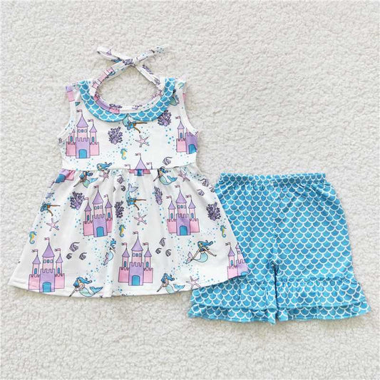 Baby Girls Castle Mermaid Ruffle Shorts Clothes Sets