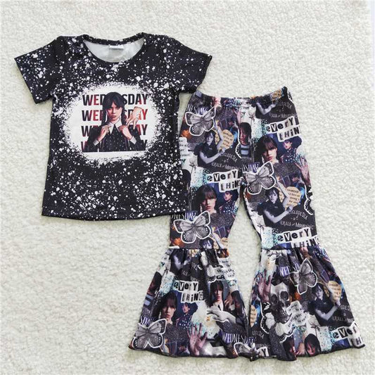 GSPO0586 Girls' Wednesday black short-sleeved trousers suit