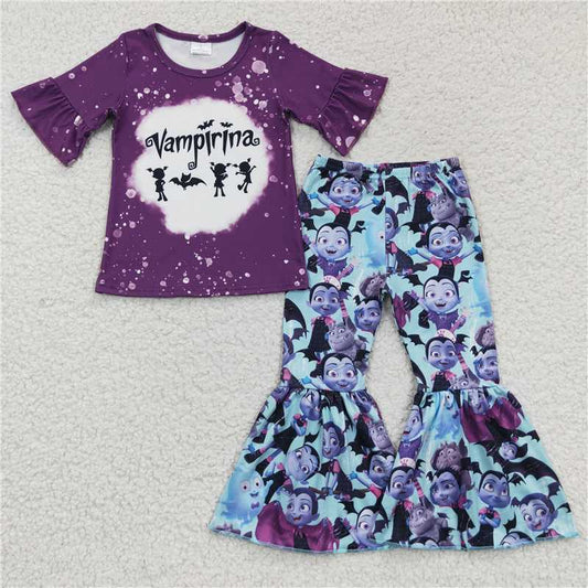 GSPO0638 Halloween purple short-sleeved flared pants suit