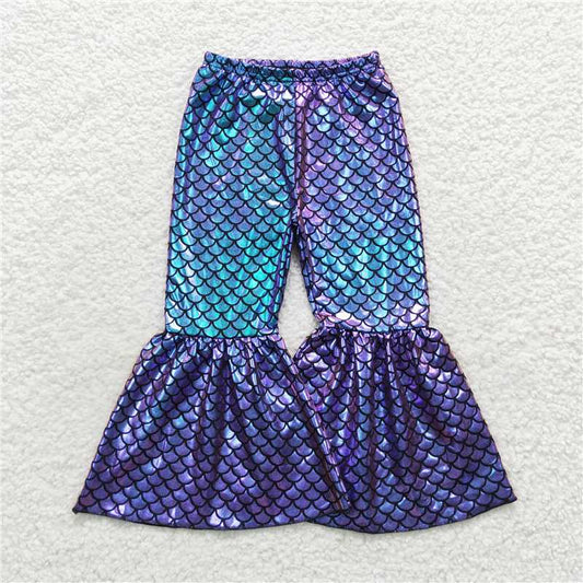 P0248 Baby Girls Blue Tie Dye Mermaid Scale Holographic Spandex Bell Bottom Pants