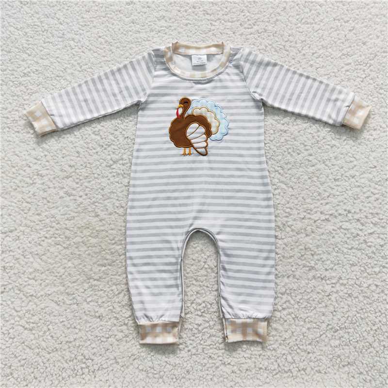 RTS LR0429 Boys embroidered turkey light green stripes yellow plaid long sleeve jumpsuit