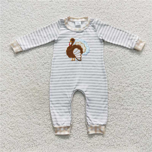 RTS LR0429 Boys embroidered turkey light green stripes yellow plaid long sleeve jumpsuit