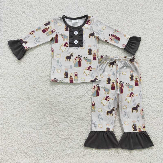 GLP0587Nativity long sleeves kids girls Christmas pajamas