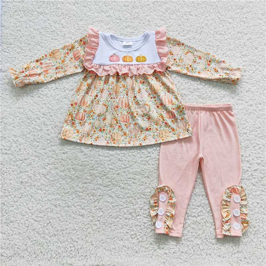 GLP0561Pumpkin floral tunic leggings girls fall clothing set