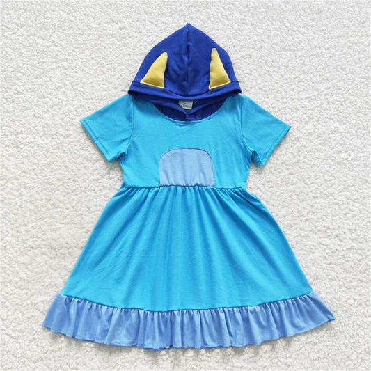 GSD0386 Blue hooded short-sleeved ruffled dress