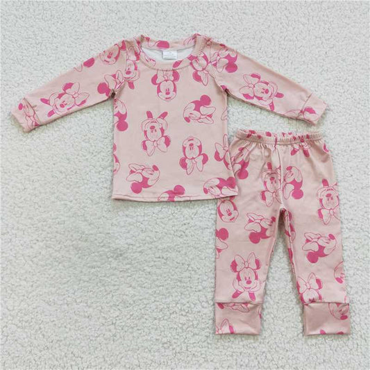 GLP0586Long sleeves pink mouse kids girls pajamas