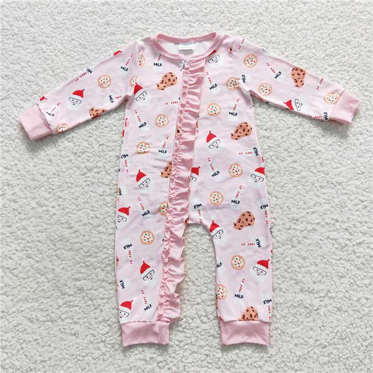 12.3 RTS NO MOQ （In stock）LR0471 Baby Girls Milk Christmas Cookie Ruffle Zip Rompers