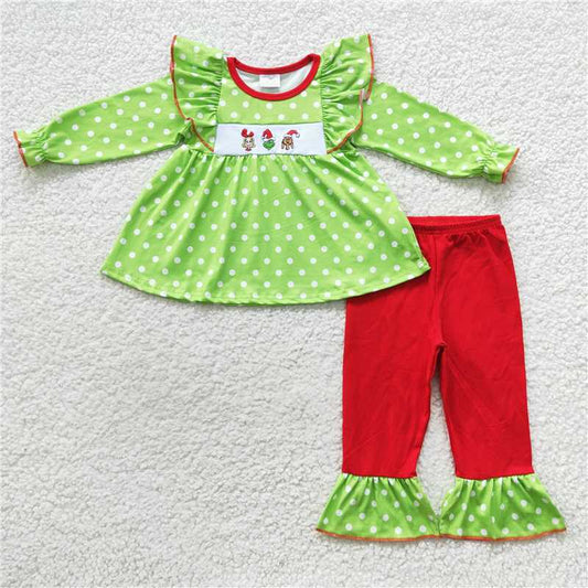GLP0494 Christmas embroidery cartoon girl grinch dog polka dot green lace long sleeve red trousers suit