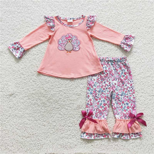 GLP0466Floral turkey top ruffle pants girls Thanksgiving clothes