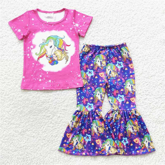 GSPO0730 Cartoon girl colorful horse purple short-sleeved star trousers suit