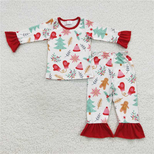 12.10 RTS NO MOQ （In stock）GLP0636 Baby Girls Christmas Tree Ruffle Pajamas Clothes Sets