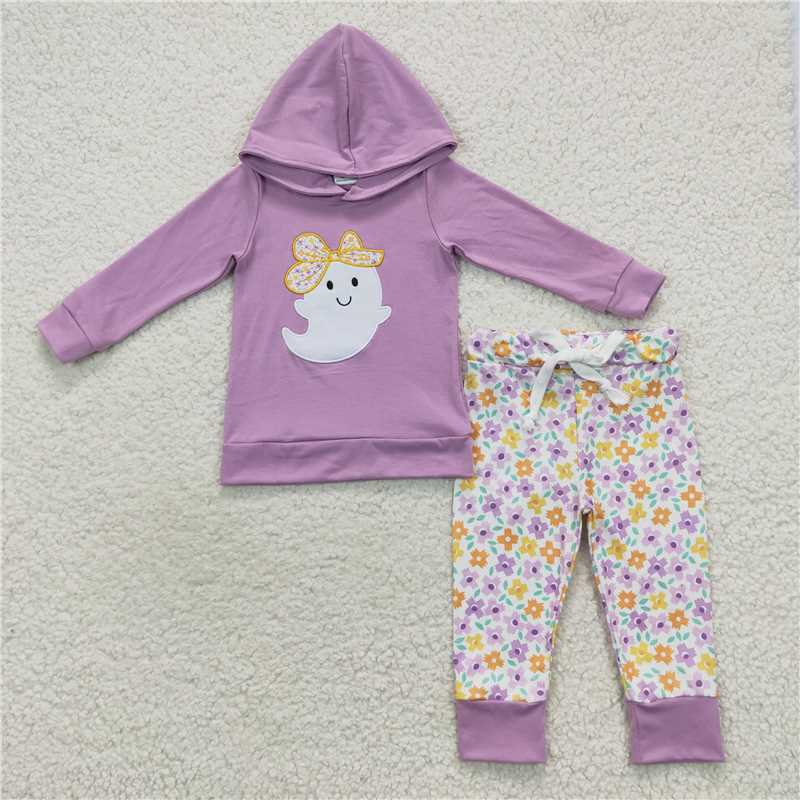 GLP0530 Baby Girls Halloween Ghost Hoodie Floral Pants Clothes Sets