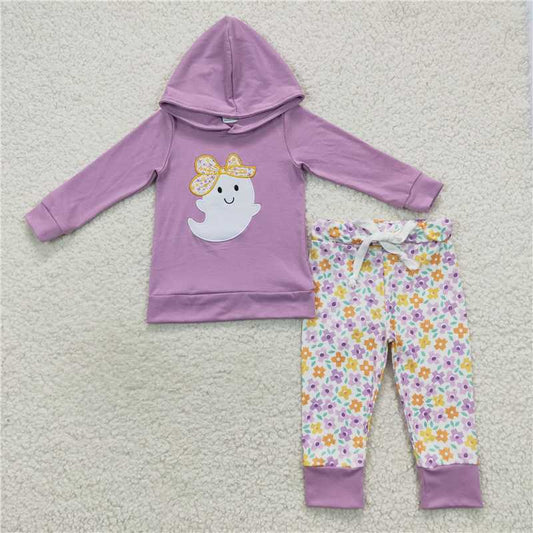 GLP0530 Baby Girls Halloween Ghost Hoodie Floral Pants Clothes Sets