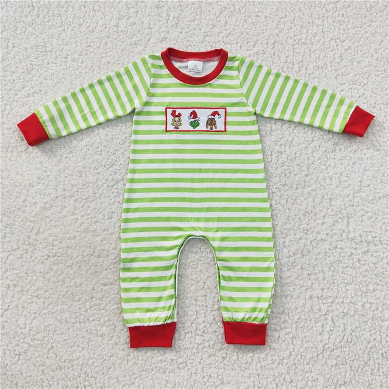 RTS LR0388 Christmas cartoon boy embroidered grinch dog green striped long-sleeved jumpsuit