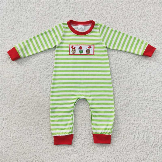 RTS LR0388 Christmas cartoon boy embroidered grinch dog green striped long-sleeved jumpsuit