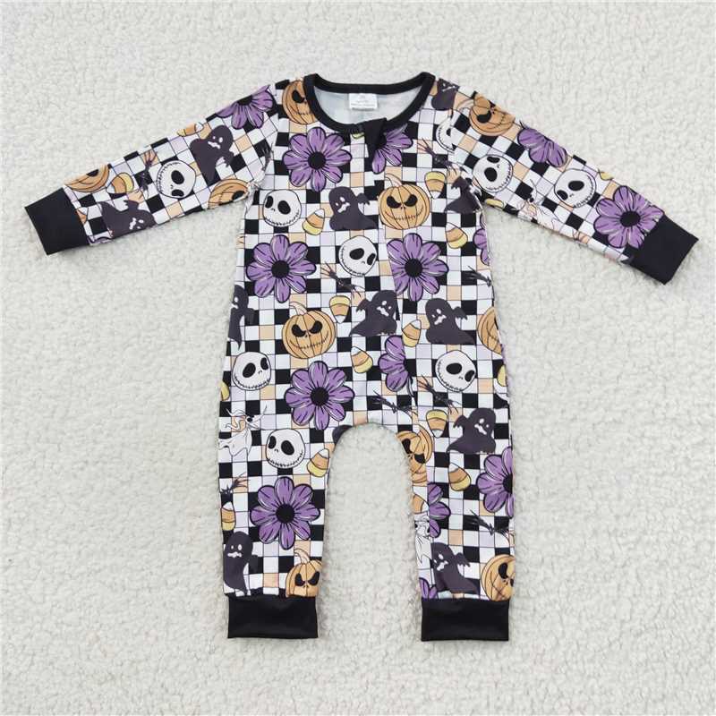 RTS LR0445 The Nightmare Before Christmas Jack Candy Flower Pumpkin Plaid Zipper Long Sleeve Jumpsuit