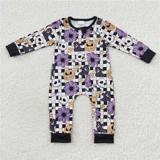 RTS LR0445 The Nightmare Before Christmas Jack Candy Flower Pumpkin Plaid Zipper Long Sleeve Jumpsuit