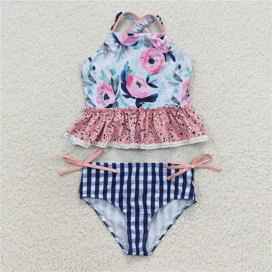 S0158  Baby Girls Blue Flowers Top Floral 2 pieces Swimsuits