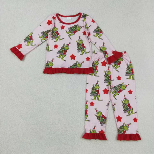 9.23 RTS Sibling Baby Girls Christmas Green Face Stars Pajamas Set Zipper Footie Romper Knee Length Dresses