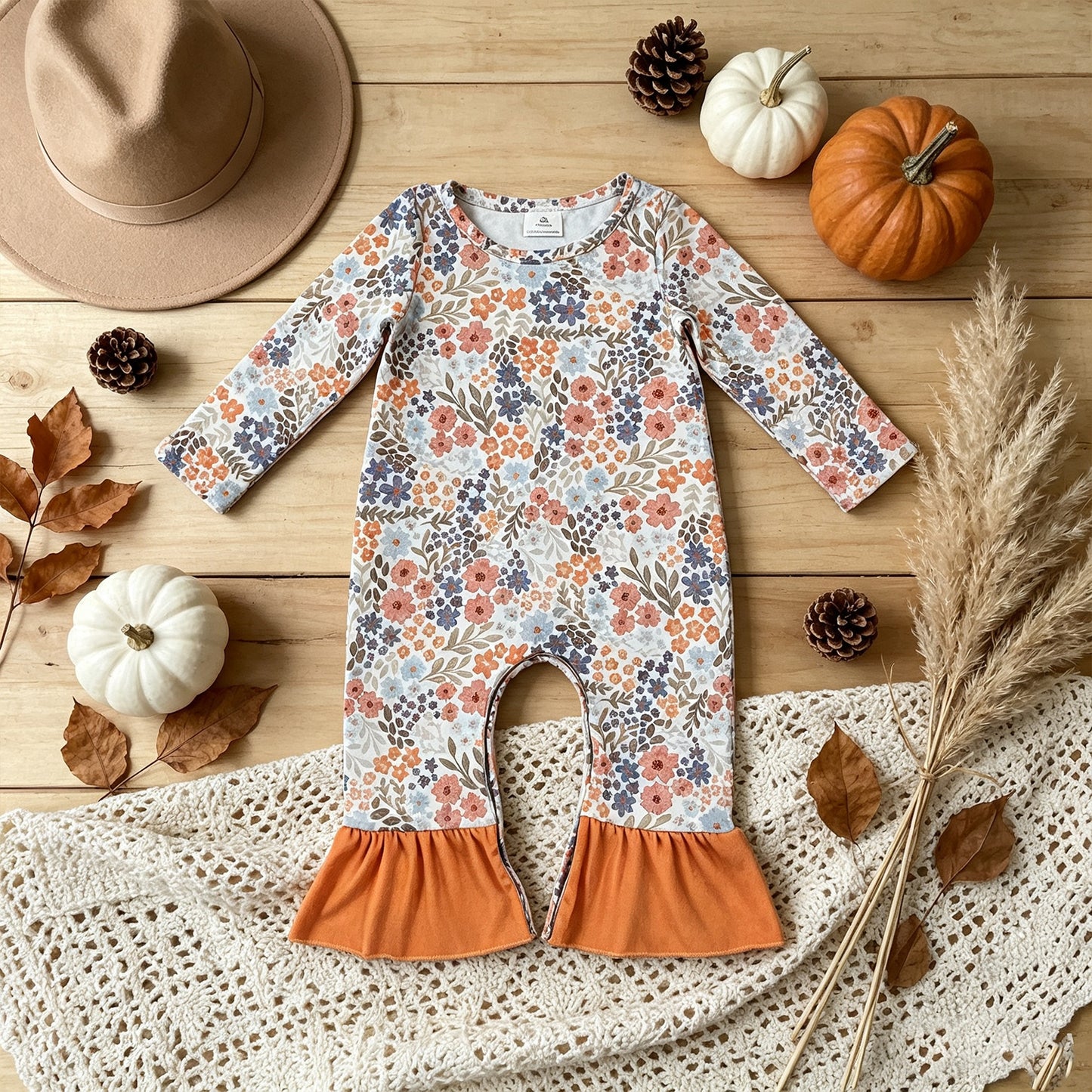 LR3027 RTS NO MOQ （In stock）milk silk Baby Girls Long Sleeve Colorful Flowers Fall Ruffle Pant Rompers