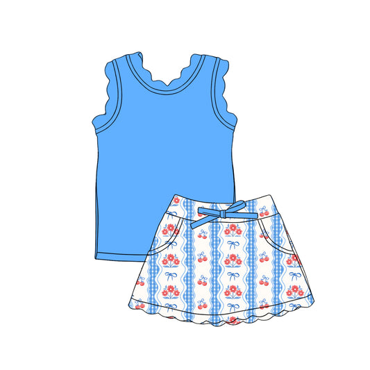 CUSTOM MOQ 5 Baby Girls Blue Flowers Sleeveless Top Skirt Shorts Yoga Active Clothes Sets