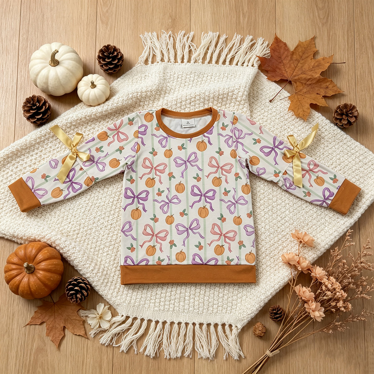 RTS NO MOQ （In stock）GT1658 milk silk Baby Girls Fall Checked Bows Pumpkins Long Sleeve T Shirt Top