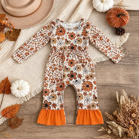 LR3025 RTS NO MOQ （In stock）milk silk Baby Girls Long Sleeve Flowers Leaves Fall Ruffle Pant Rompers