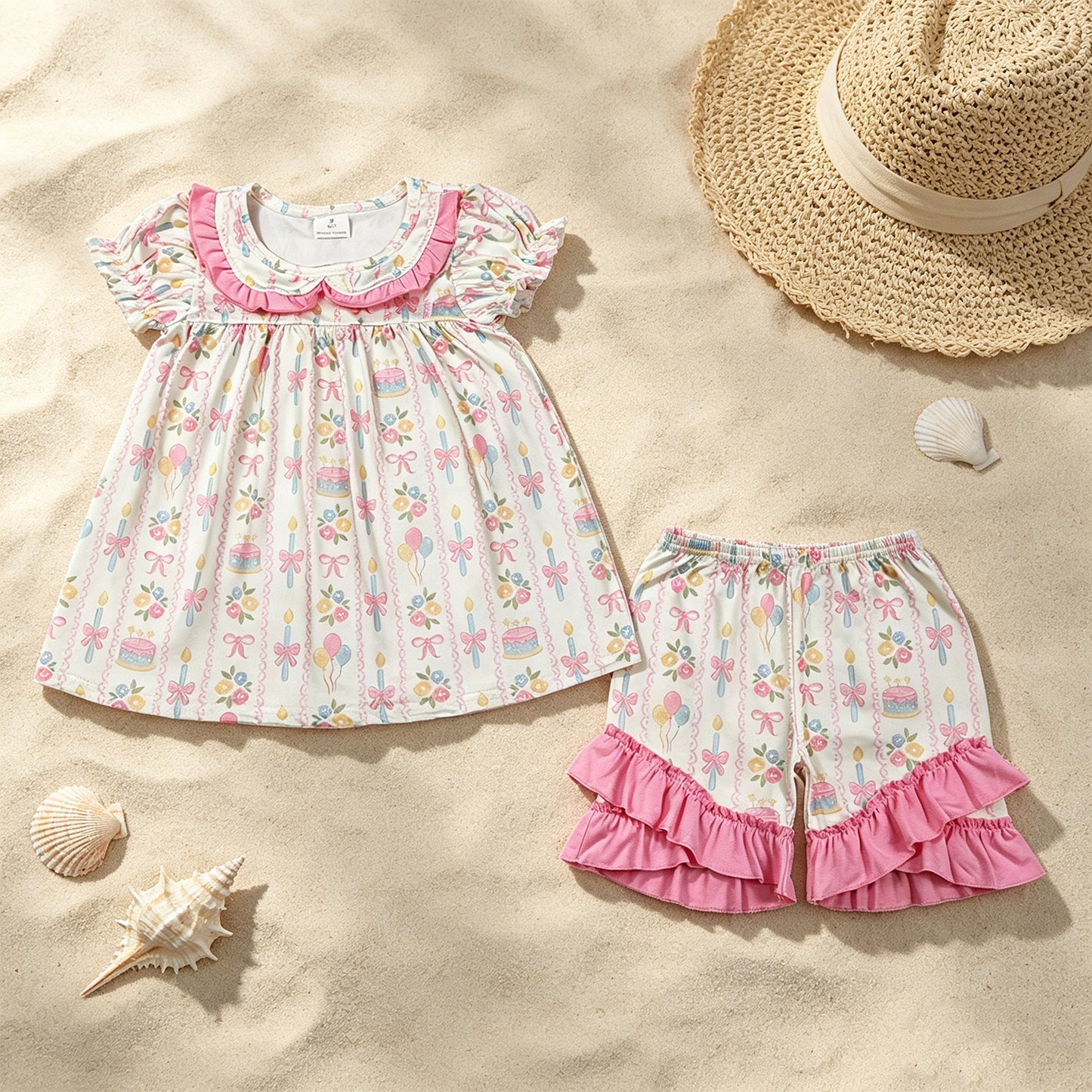 GSSO3445 RTS NO MOQ （In stock ）Short sleeves balloon floral bow girls happy birthday outfits