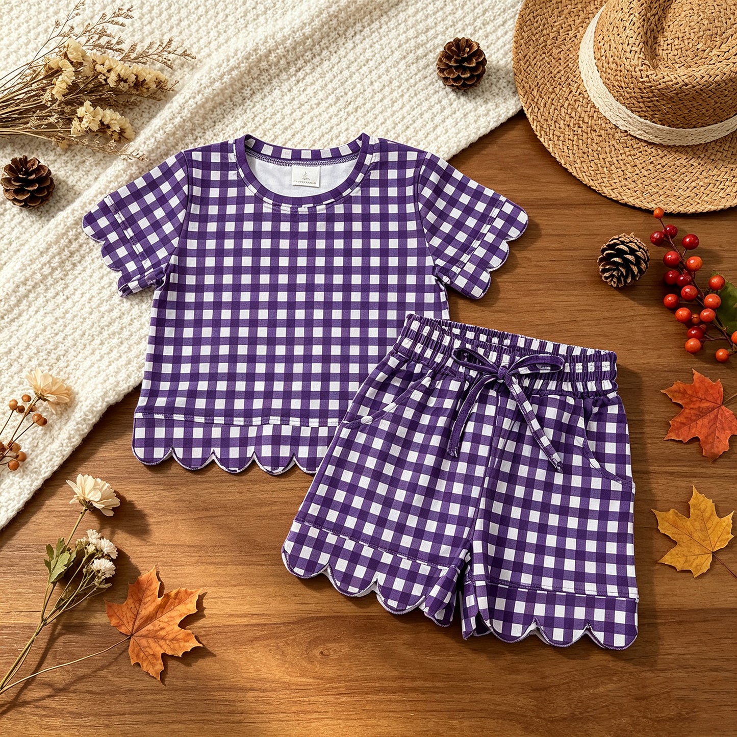 RTS NO MOQ （In stock）milk silk GSSO3841 Baby Girls Purple Check Shirt Top Elastic Scallop Shorts Set