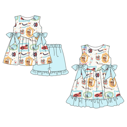 Kids Girls Sleeveless Tunic Ruffle Shorts Outfit Car Cake Theme Children's Clothing Set