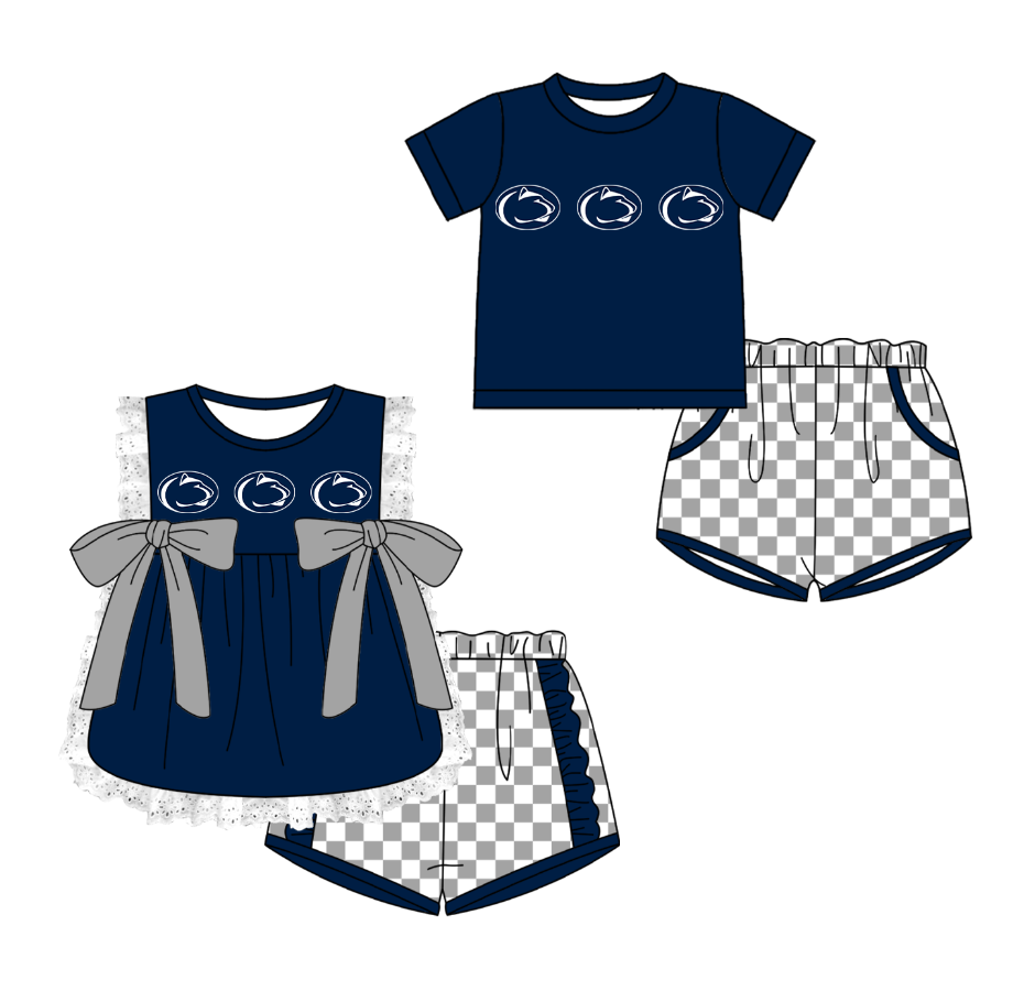 CUSTOM MOQ 5 Cute Kids Clothing Sibling Boys Baby Girls Summer Blue Bow Top Gray Checked Shorts Team Clothes Sets