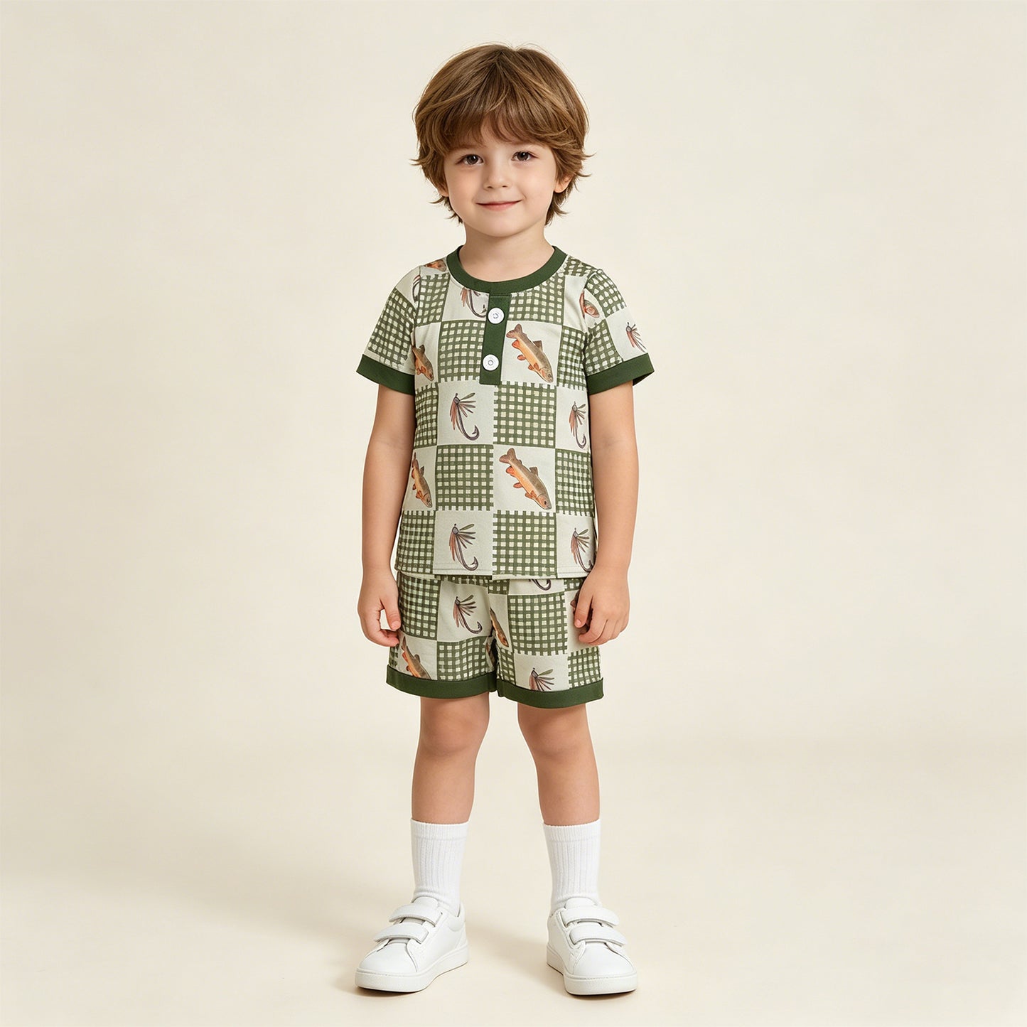 BSSO1817 RTS NO MOQ （In stock ）Short sleeves plaid fish top shorts kids boys outfits  ReviewsClothes（副本）