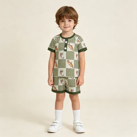 BSSO1817 RTS NO MOQ （In stock ）Short sleeves plaid fish top shorts kids boys outfits  ReviewsClothes（副本）
