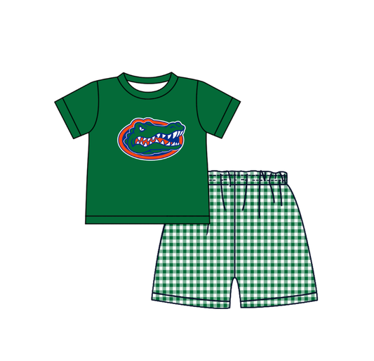 CUSTOM MOQ 5 Baby Boys Clothes Green Crocodile Sleeveless Top Plaid Shorts Team Clothes Sets