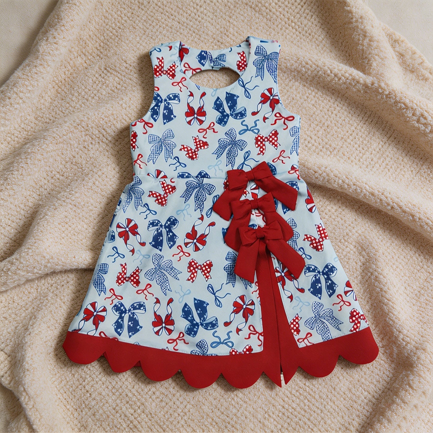 GSD3875 RTS NO MOQ （In stock ）Baby Girls Red Blue Bows 4th of July Yoga Active Scallop Short Knee Length Dress Preorder