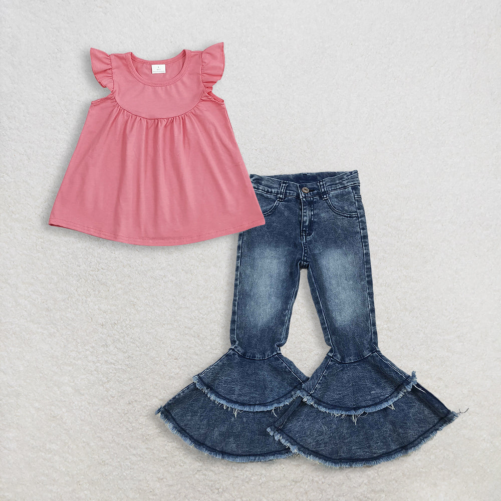 3.9 RTS NO MOQ （In stock）GT0462 + C5-15 Baby Girls Dark Pink Flutter Sleeve Tunic Tops ruffle denim pants jeans Clothes Sets