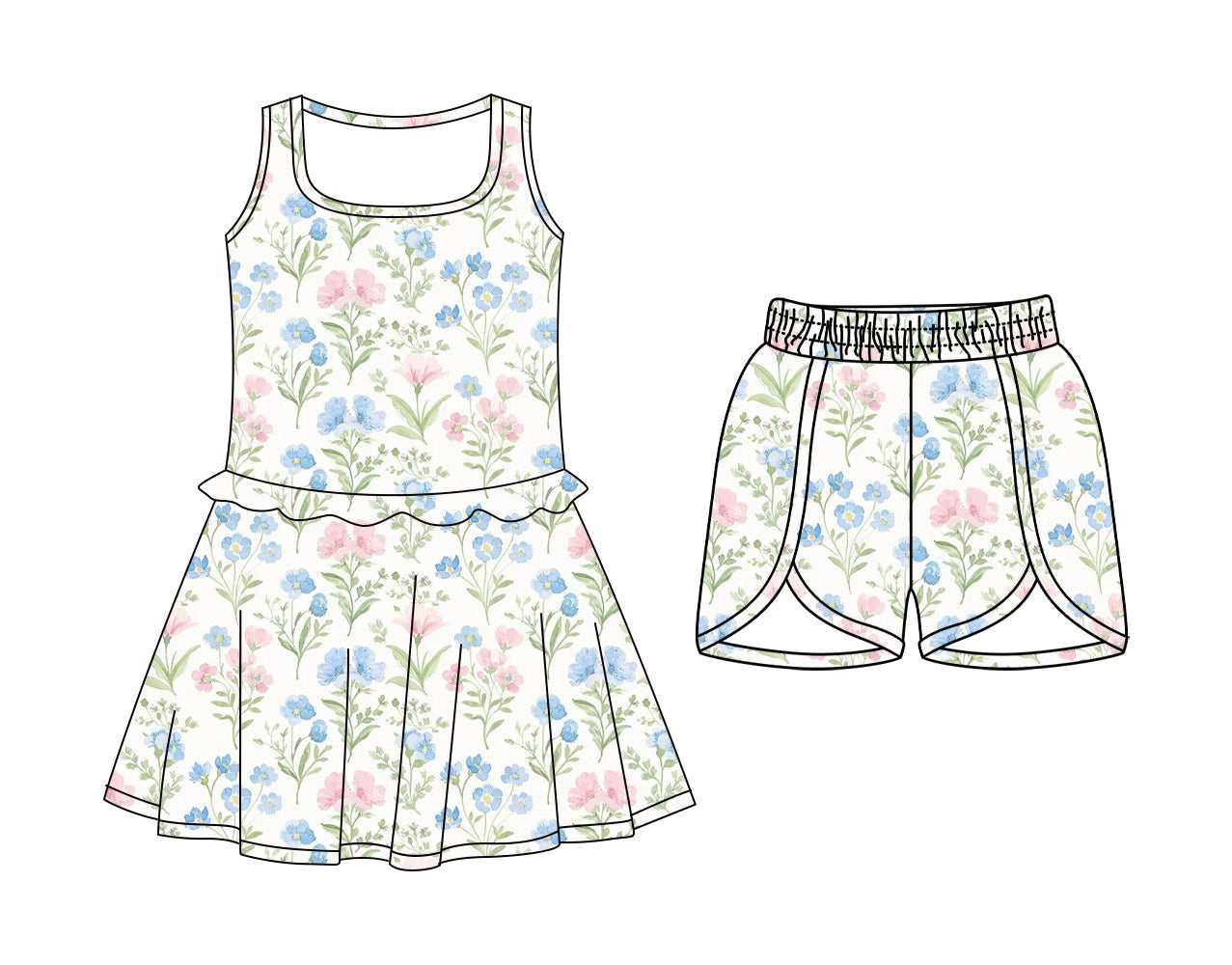 CUSTOM MOQ 5 Sibling Baby Girls Sleeveless Flowers Knee Length Dress Shorts Yoga Athletic Sets