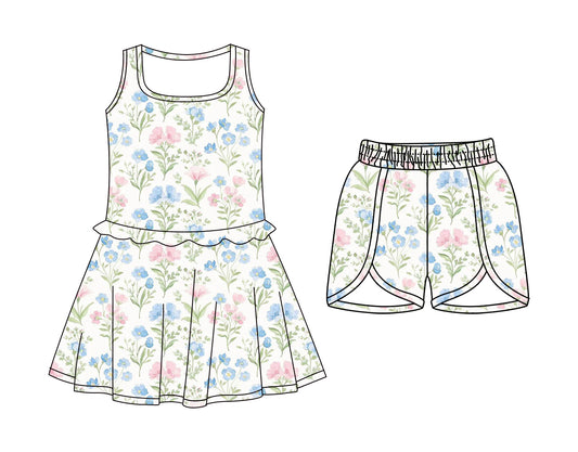 CUSTOM MOQ 5 Sibling Baby Girls Sleeveless Flowers Knee Length Dress Shorts Yoga Athletic Sets