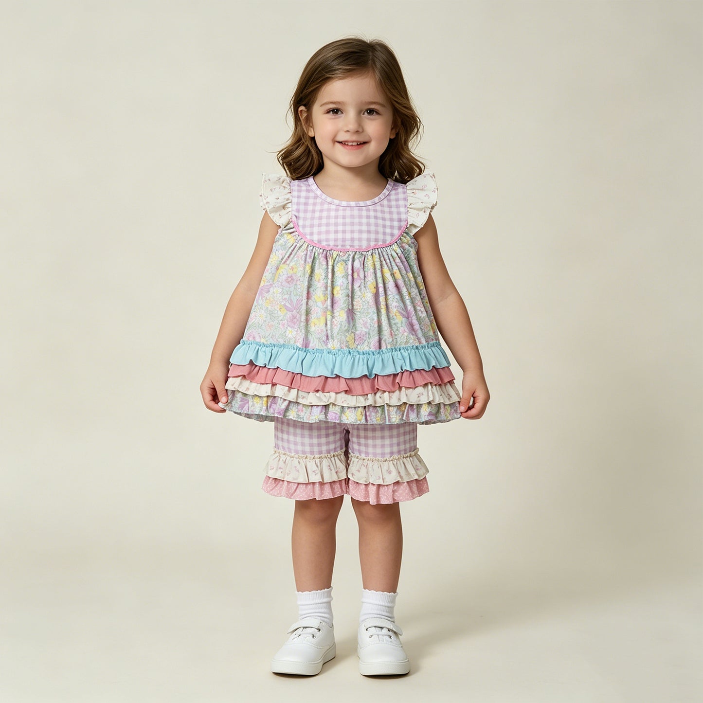 GSSO3485 RTS NO MOQ （In stock ）Flutter sleeves floral ruffle tunic plaid shorts girls outfits