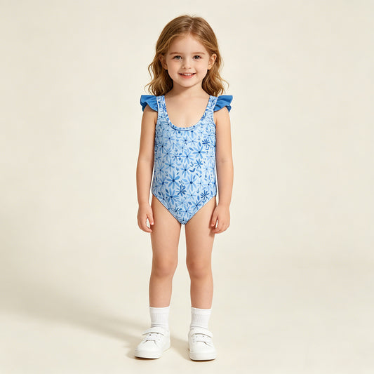 S0515 RTS NO MOQ （In stock ）Blue flutter sleeves floral baby girls summer swimsuit