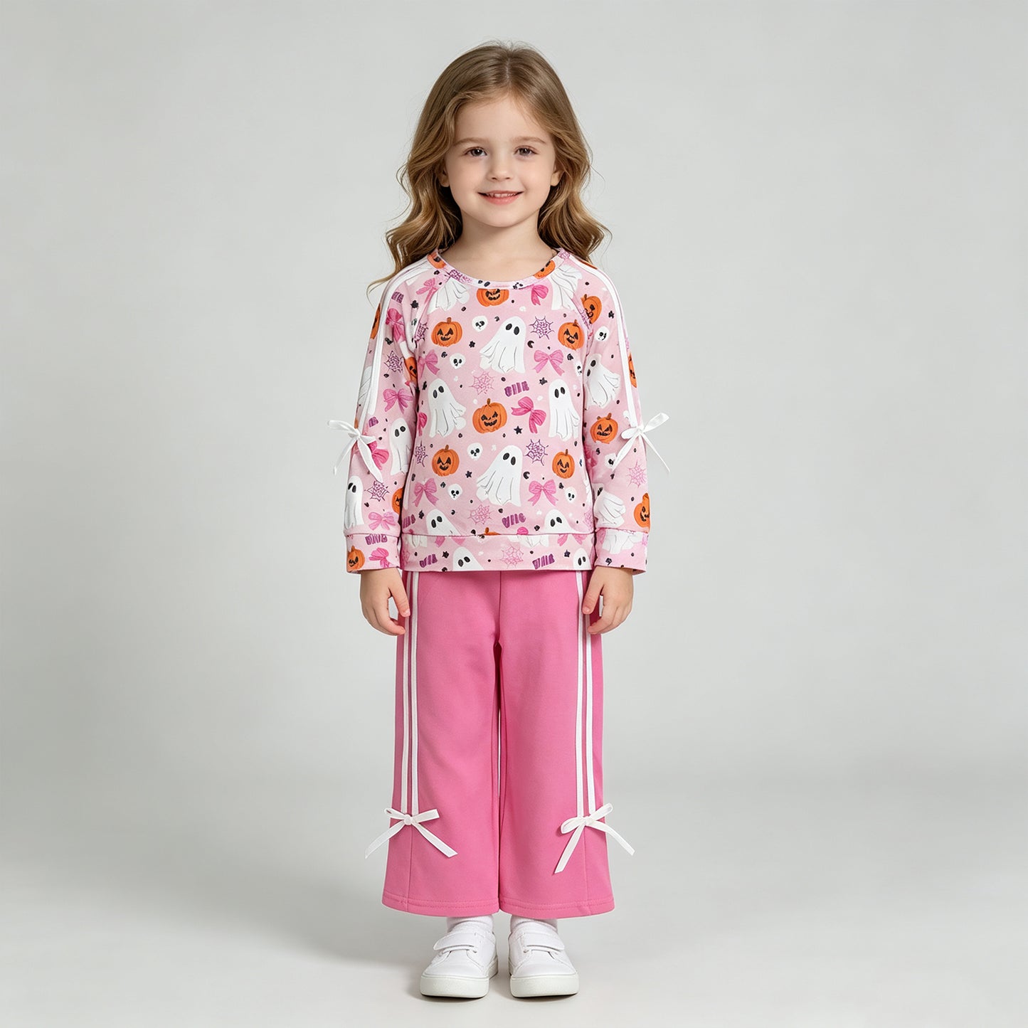 GLP3356  RTS NO MOQ （In stock）Baby Girls Ghost Pumpkin Pocket Long Sleeve Top Pants Clothes Set