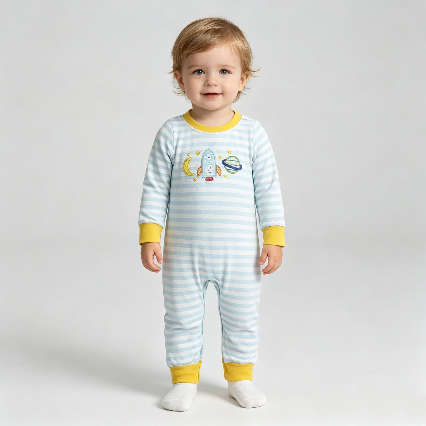 LR3062 RTS NO MOQ （In stock）Embroidery Baby Boys Blue Stripe With Rocket Moon Embroidery Long Sleeve Rompers