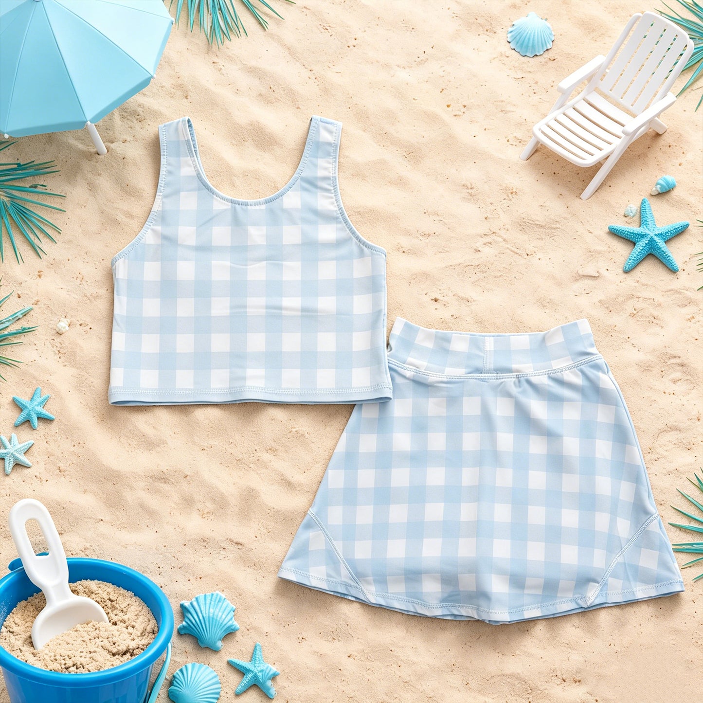 GSD3839 RTS NO MOQ （In stock ）Sleeveless sky blue plaid crop top skirt kids girls active set