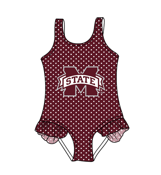 CUSTOM MOQ 5 Cute Comfortable Clothing For Kids Baby Girls Red M Polka Dots Ruffle Team One Piece Swimsuits