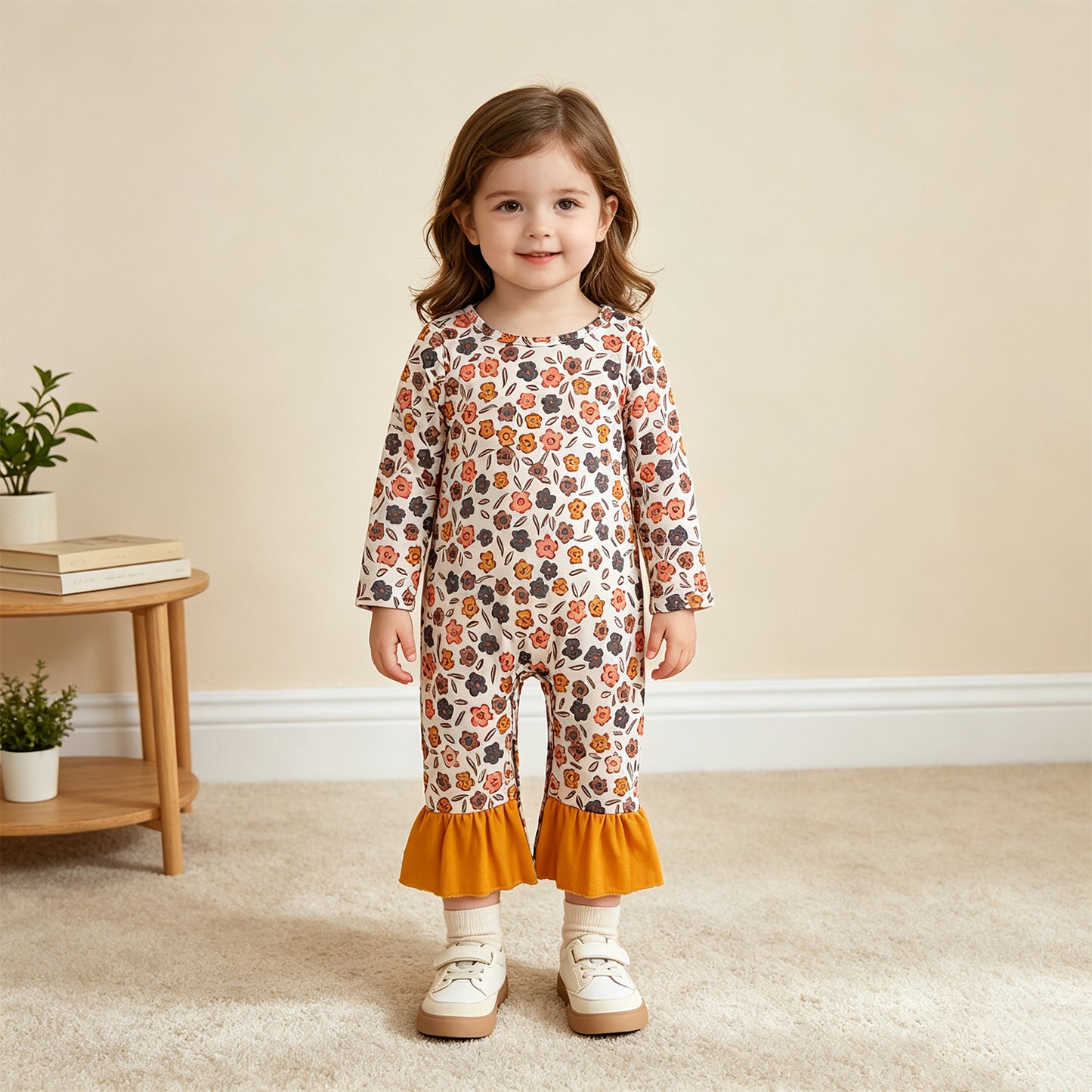 LR3024 TS NO MOQ （In stock）milk silk Baby Girls Colorful Flowers Cute Long Sleeve Ruffle Rompers